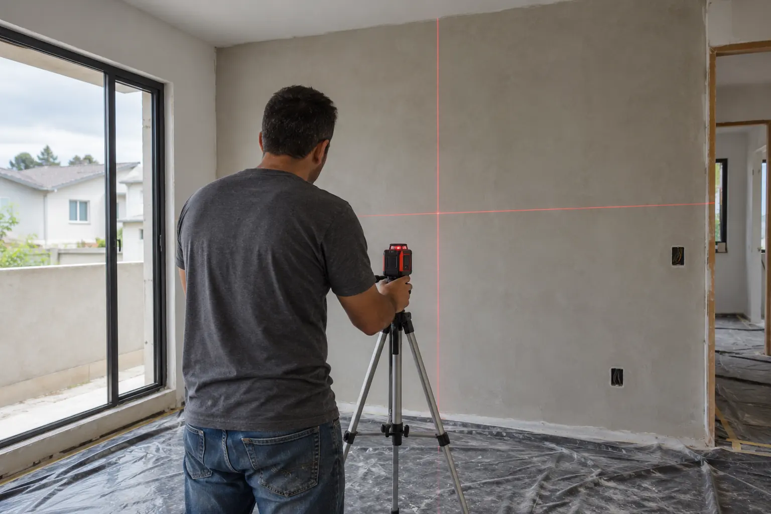 Profissional conferindo o alinhamento de uma parede rebocada com nível a laser, com as linhas vermelhas cruzando a parede