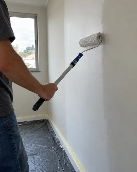 Rolo aplicando tinta branca numa parede interna, com fita crepe no rodapé e lona no chão
