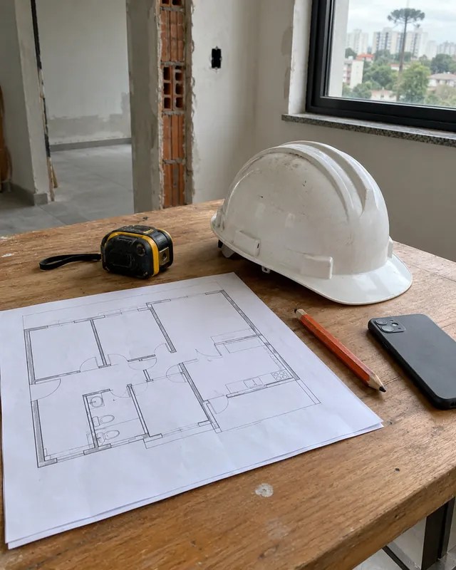Planta de uma casa sobre a mesa de madeira, com trena, lápis e capacete branco